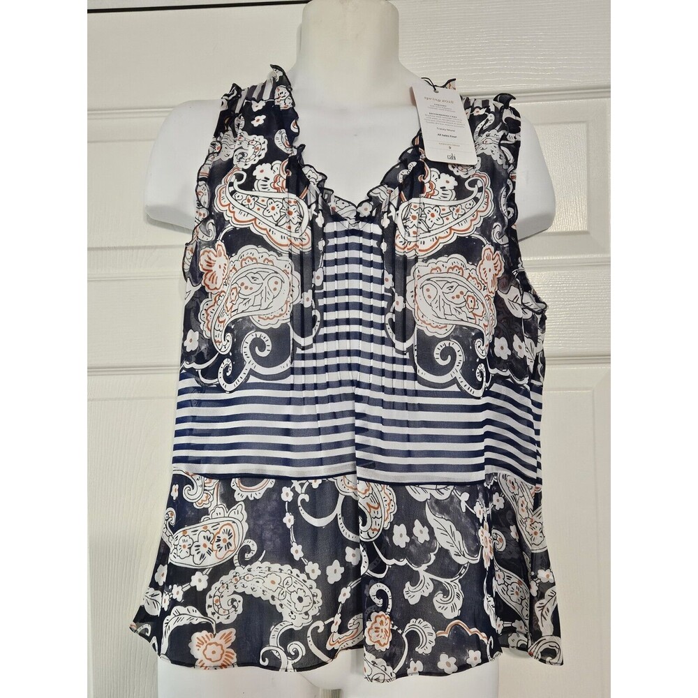 Cabi Size S #5349 Paisley Peplum Blouse Sheer Chiffon Ruffle Navy Spring 2018